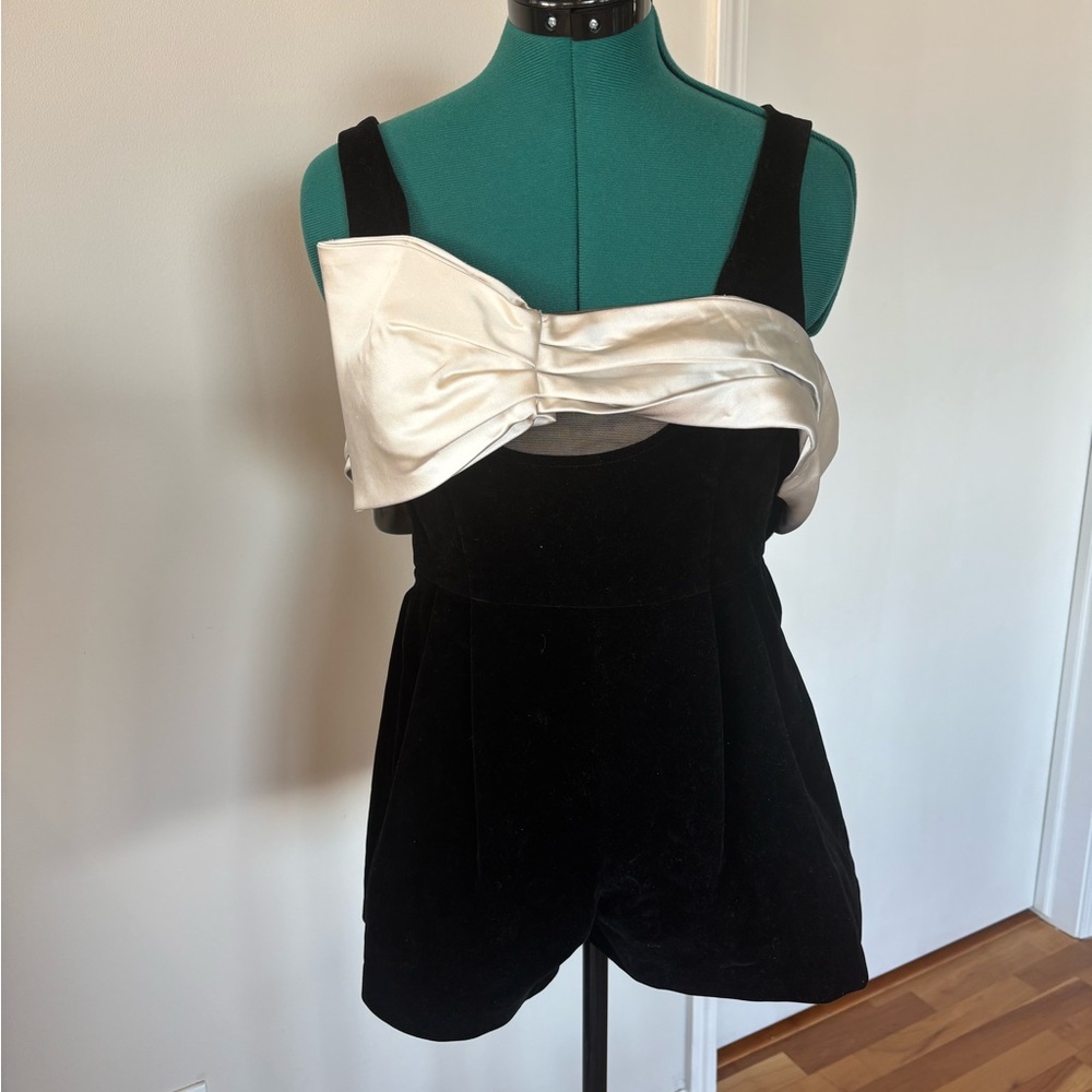 American Vintage hand made Elegant Black Romper with White Bow, XS